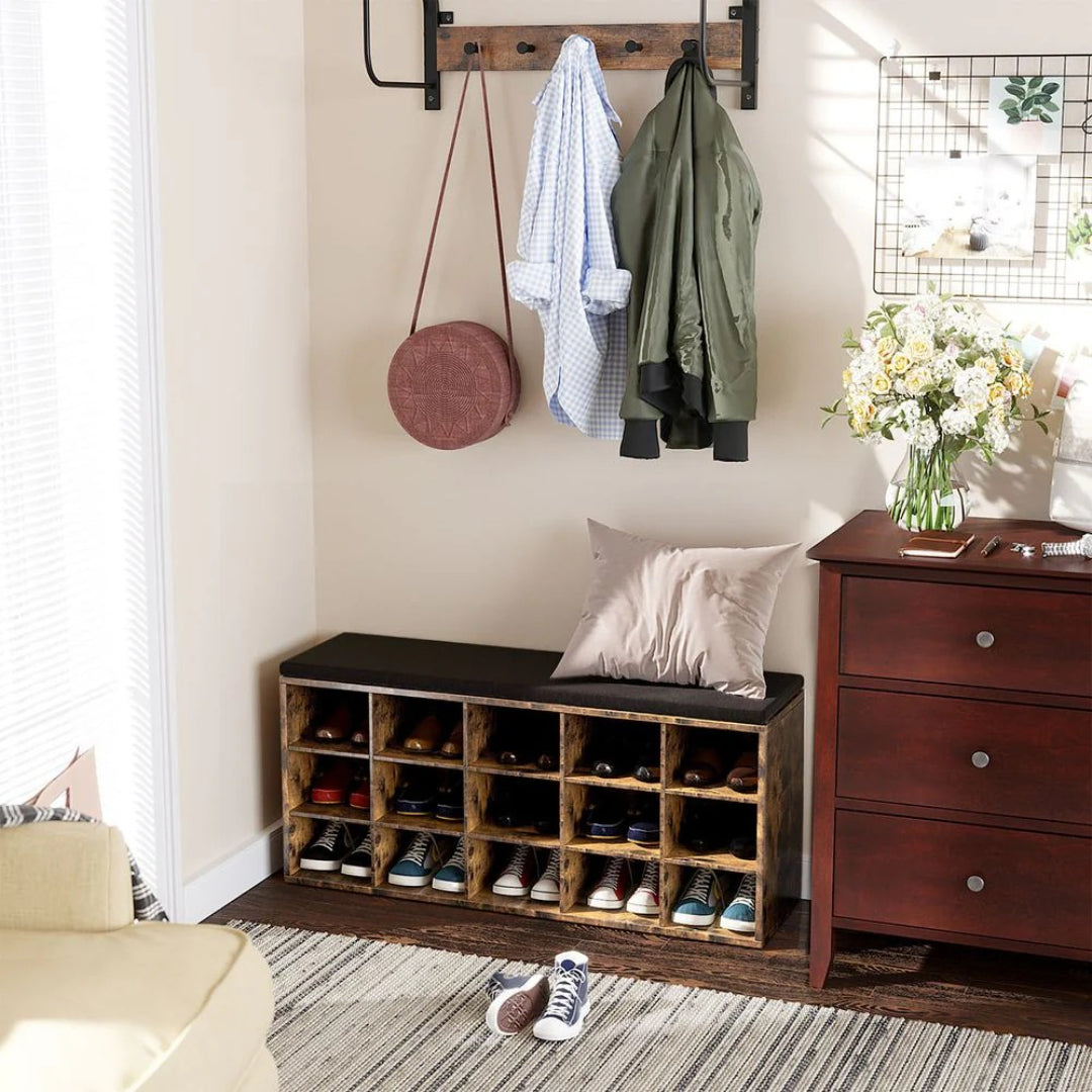 Shoe Storage Bench With Cushion, 15 Compartments Organizer