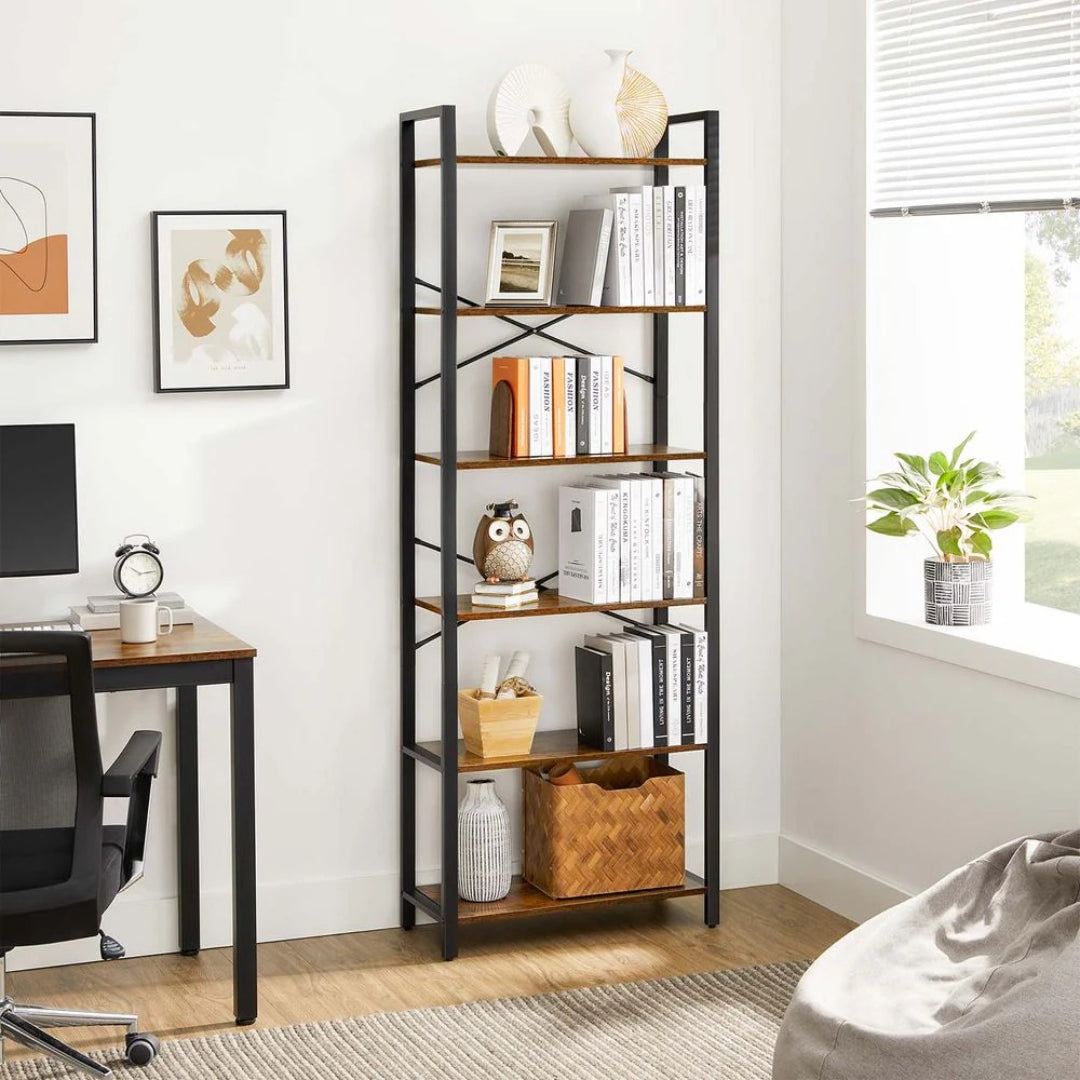 6 Tier Industrial Bookshelf With Steel Frame, 26/31.5 Inch Unit