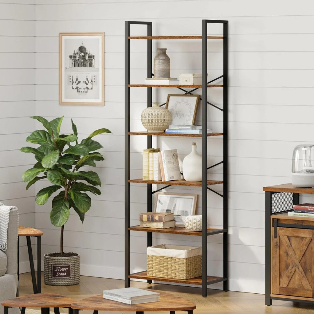 6 Tier Industrial Bookshelf With Steel Frame, 26/31.5 Inch Unit