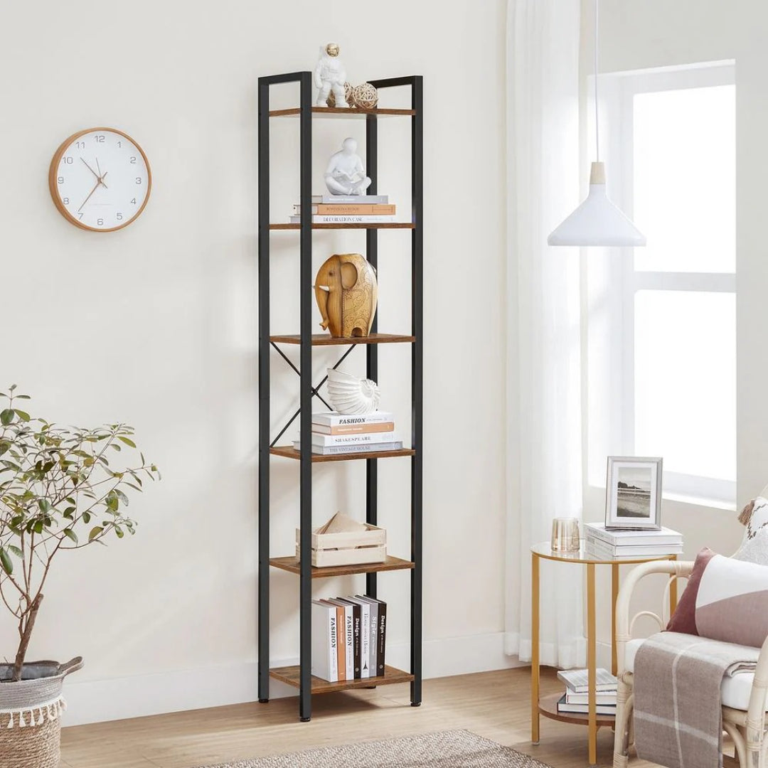 6 Tier Narrow Bookcase With Steel Frame, 73.8 Inch Storage Shelf