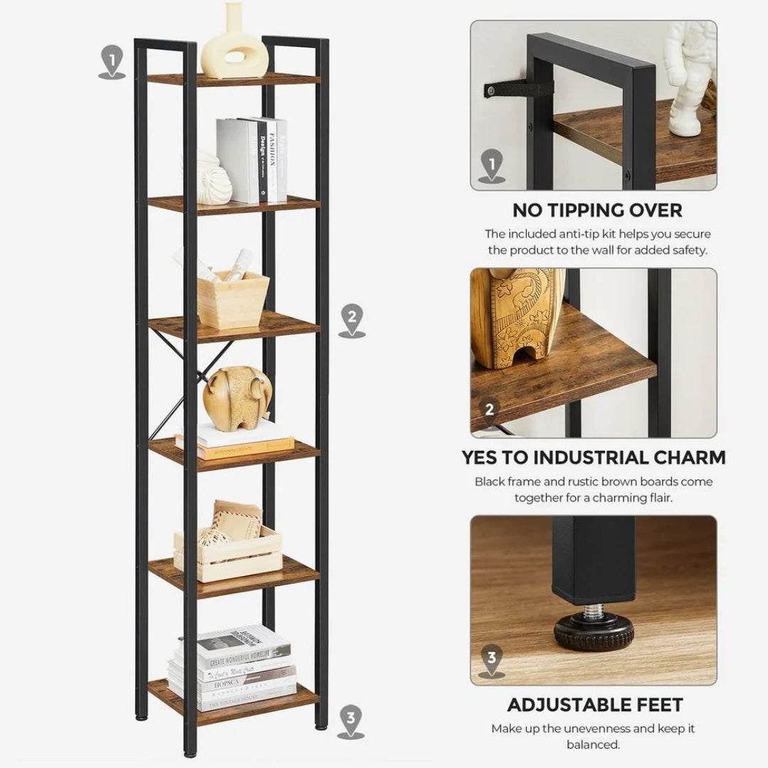 6 Tier Narrow Bookcase With Steel Frame, 73.8 Inch Storage Shelf