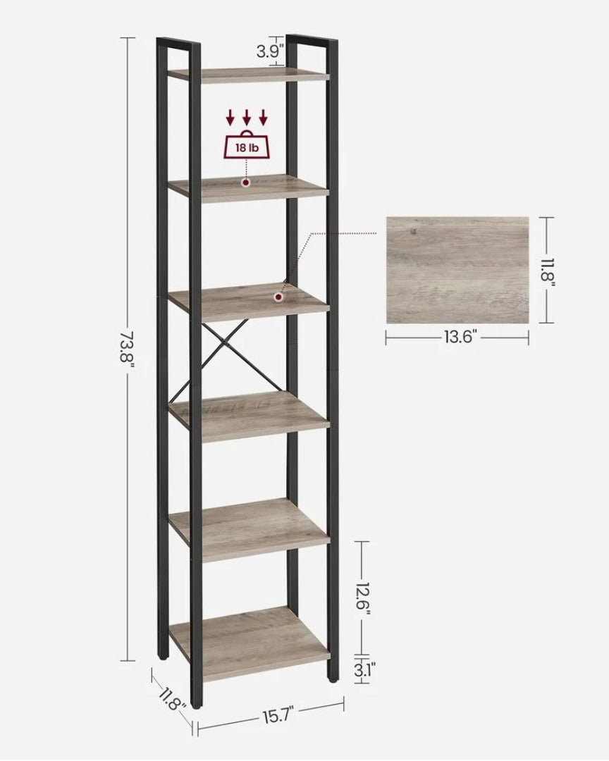 6 Tier Narrow Bookcase With Steel Frame Storage Shelf