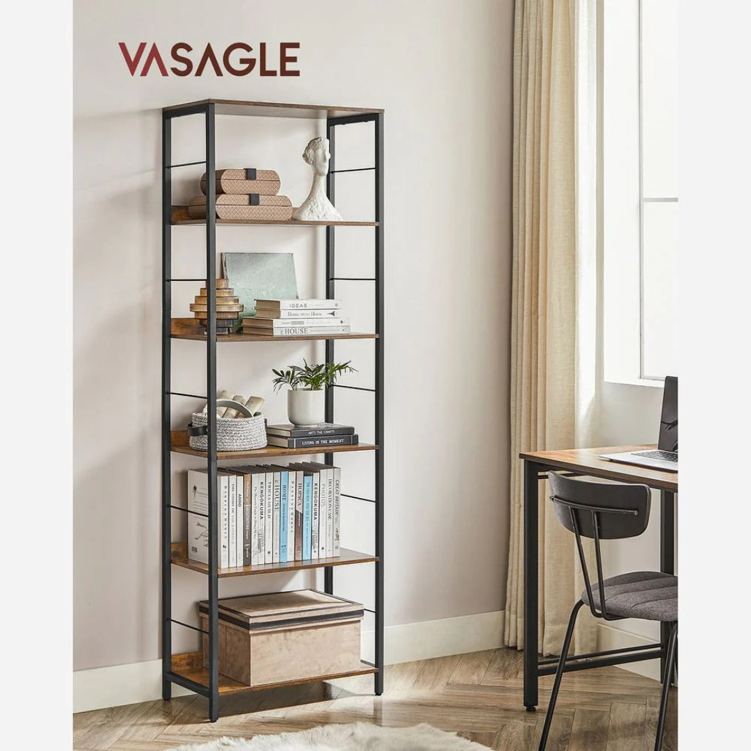 6 Tier Industrial Bookshelf With Steel Frame Storage Shelf