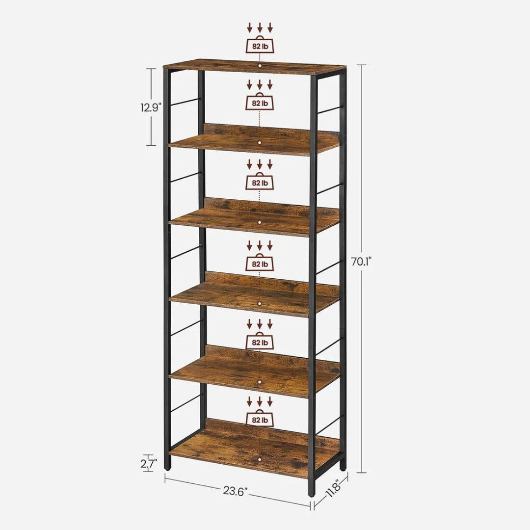 6 Tier Industrial Bookshelf With Steel Frame Storage Shelf