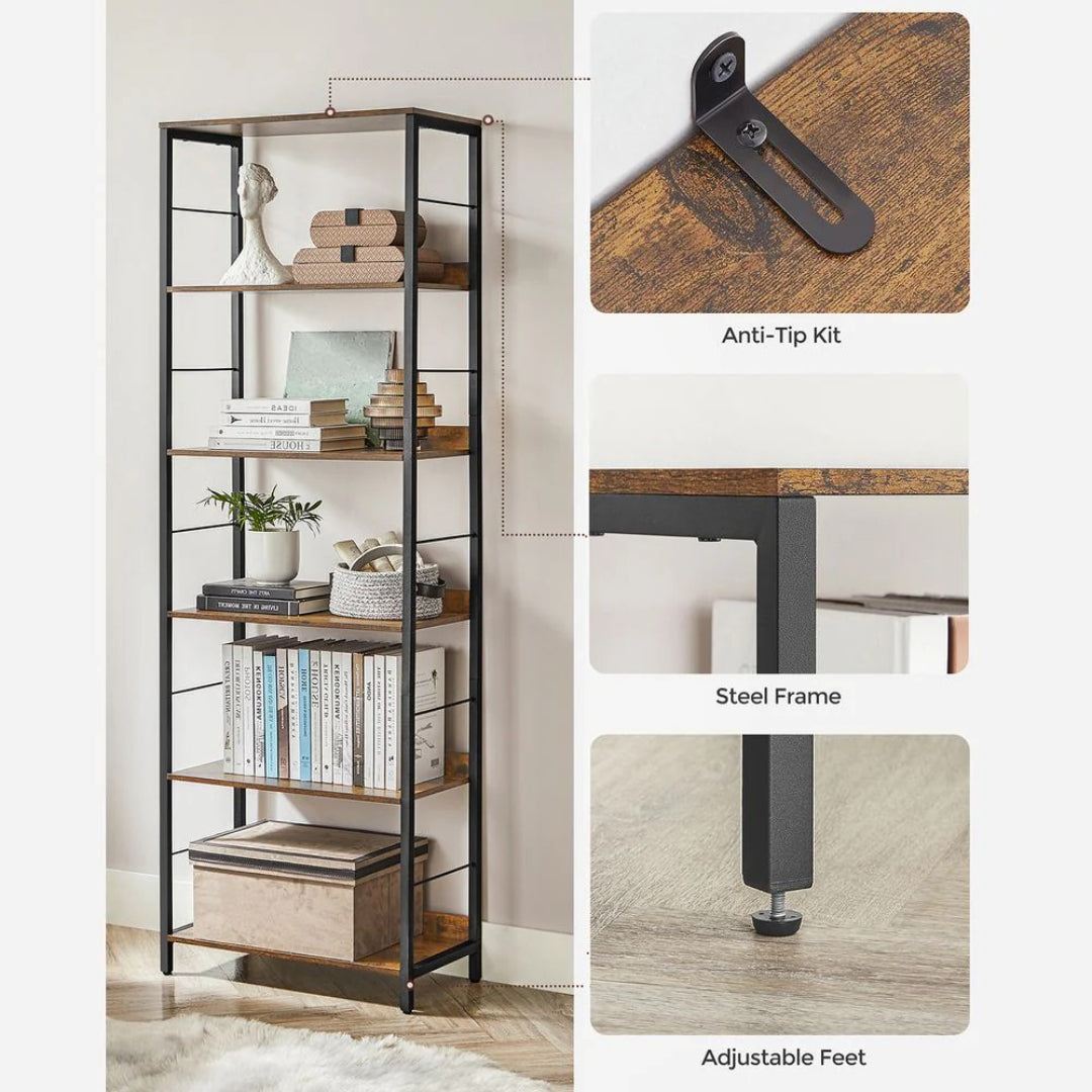 6 Tier Industrial Bookshelf With Steel Frame Storage Shelf