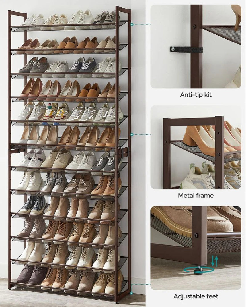 12 Tier Shoe Rack With Metal Shelves, Extra Large Storage Organizer