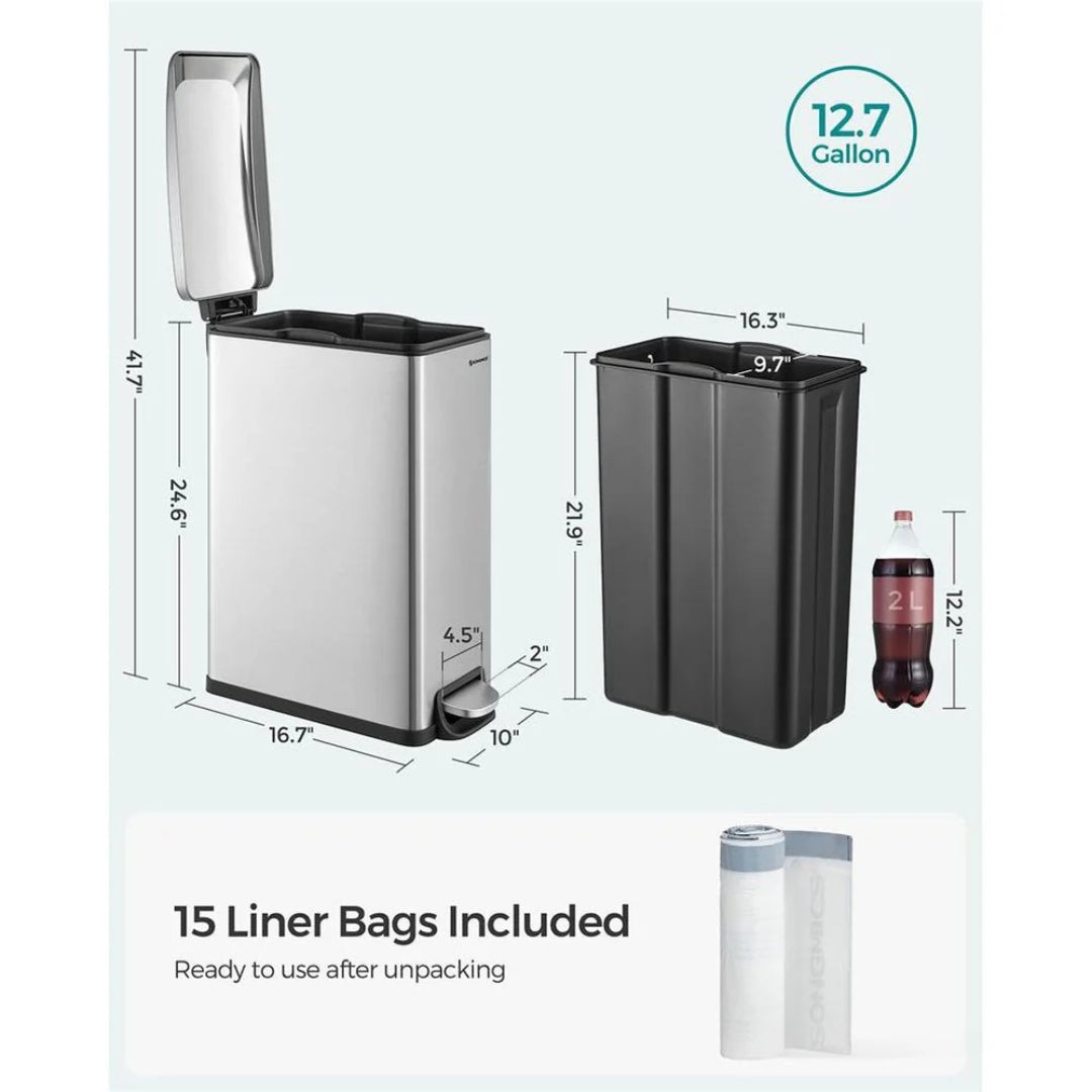 13-Gallon Slim Kitchen Trash Can with Soft-Close Lid and Inner Bucket