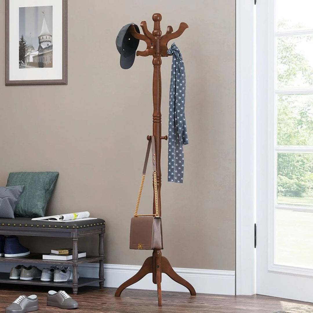 Freestanding Coat Rack With 11 Hooks, Solid Wood Stand