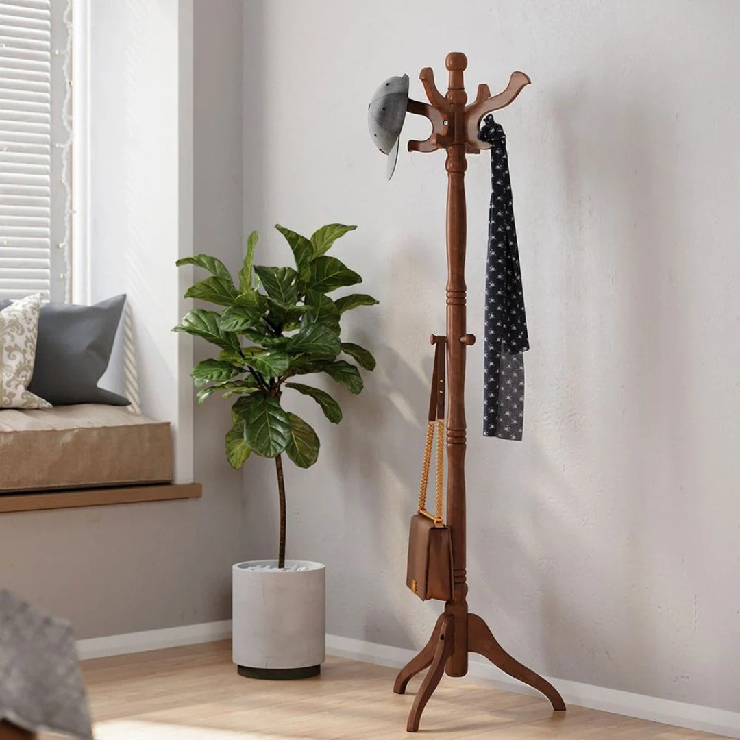 Freestanding Coat Rack With 11 Hooks, Solid Wood Stand
