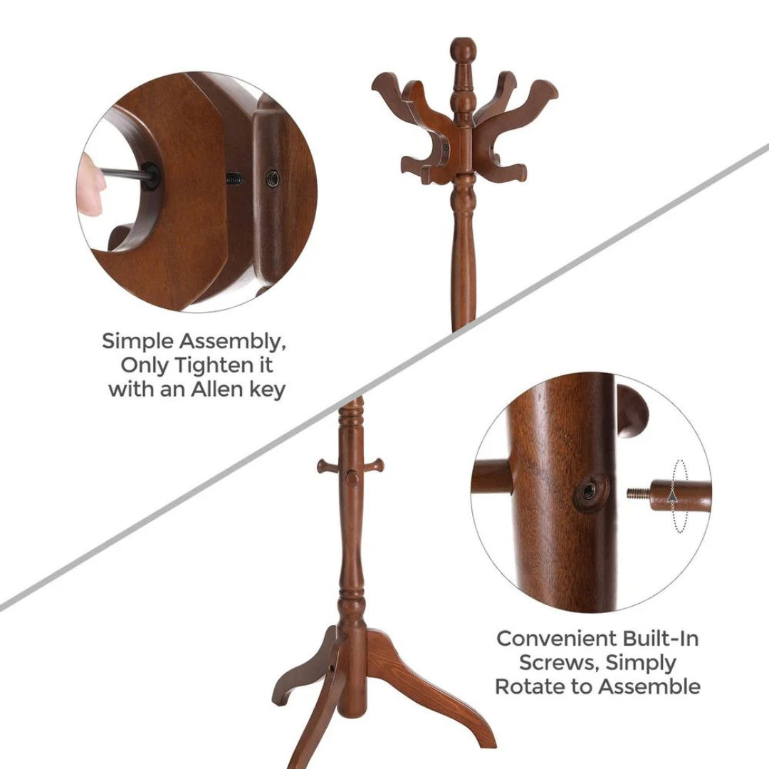 Freestanding Coat Rack With 11 Hooks, Solid Wood Stand