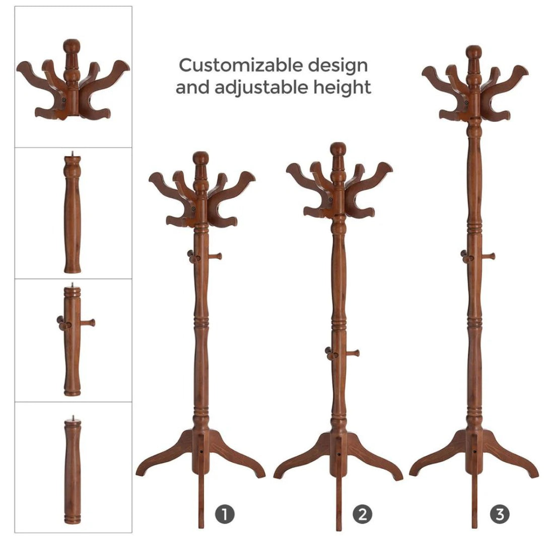 Freestanding Coat Rack With 11 Hooks, Solid Wood Stand
