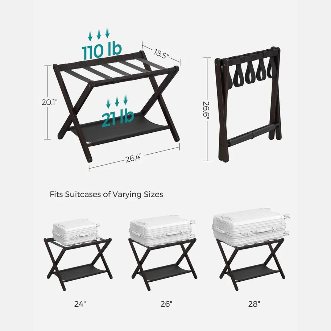 Folding Luggage Rack With Storage Shelf Bamboo Suitcase Stand