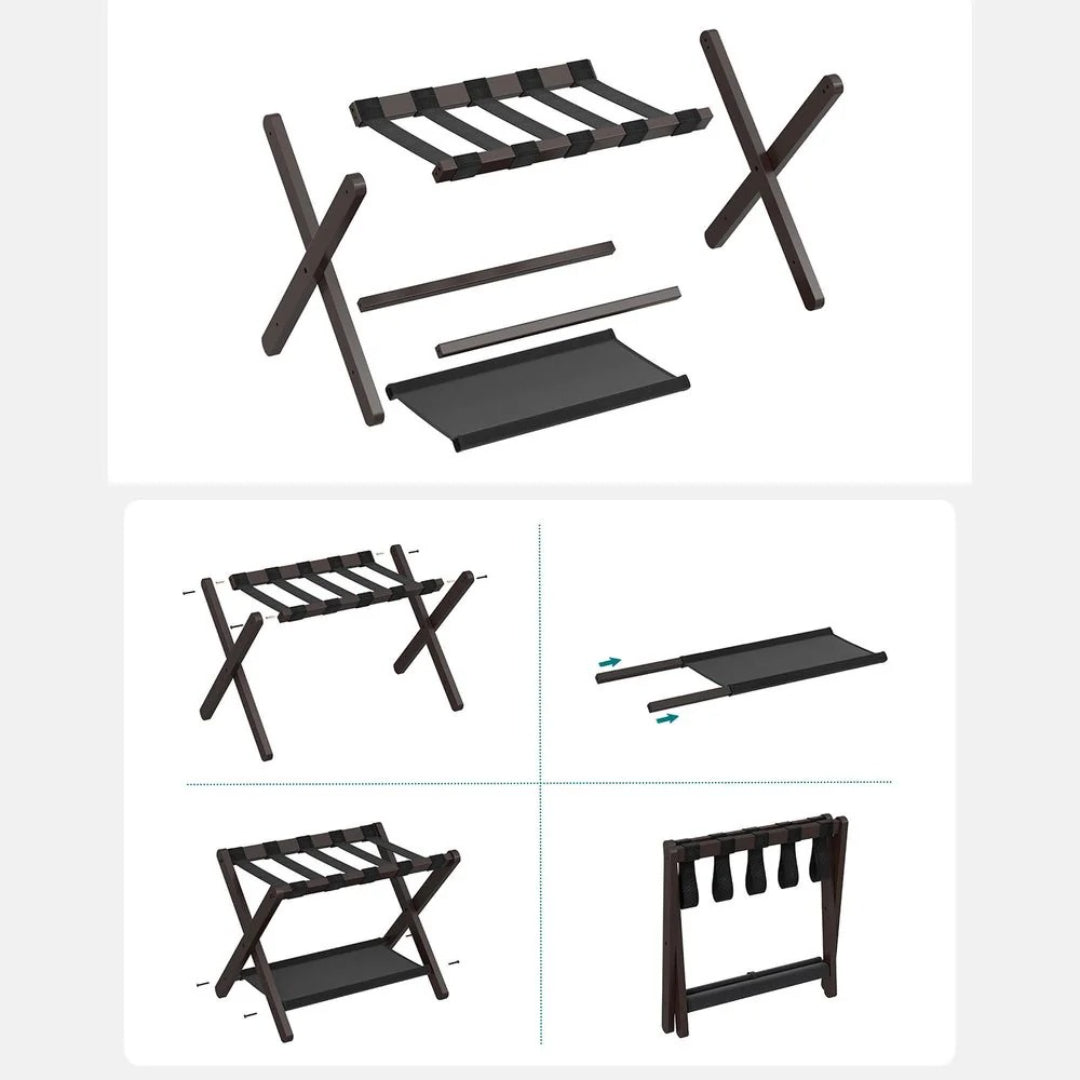 Folding Luggage Rack With Storage Shelf Bamboo Suitcase Stand