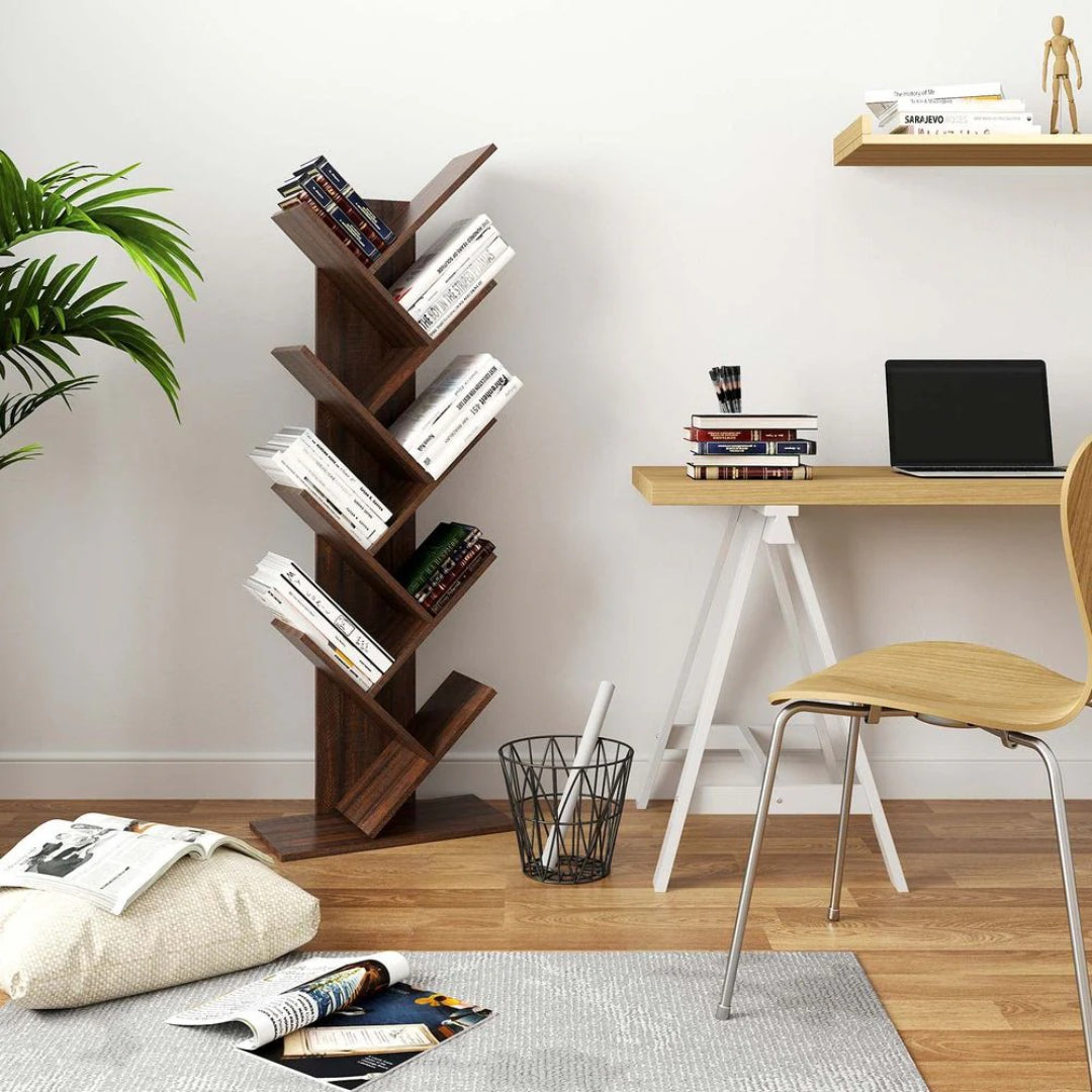 9 Tier Tree Bookshelf Space Saving Bookcase Storage Shelf