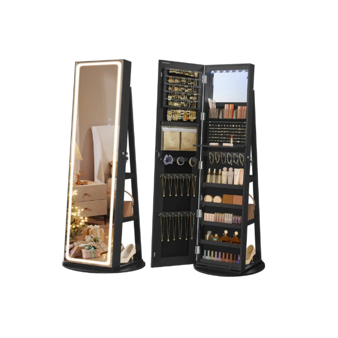 Standing Mirror Jewelry Cabinet With LED Lights And Storage