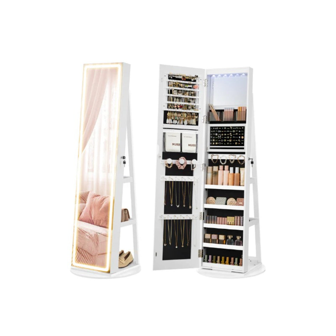 Standing Mirror Jewelry Cabinet With LED Lights And Storage