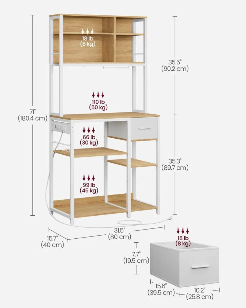Baker’s Rack with Charging Station and Storage Shelves, Kitchen Rack