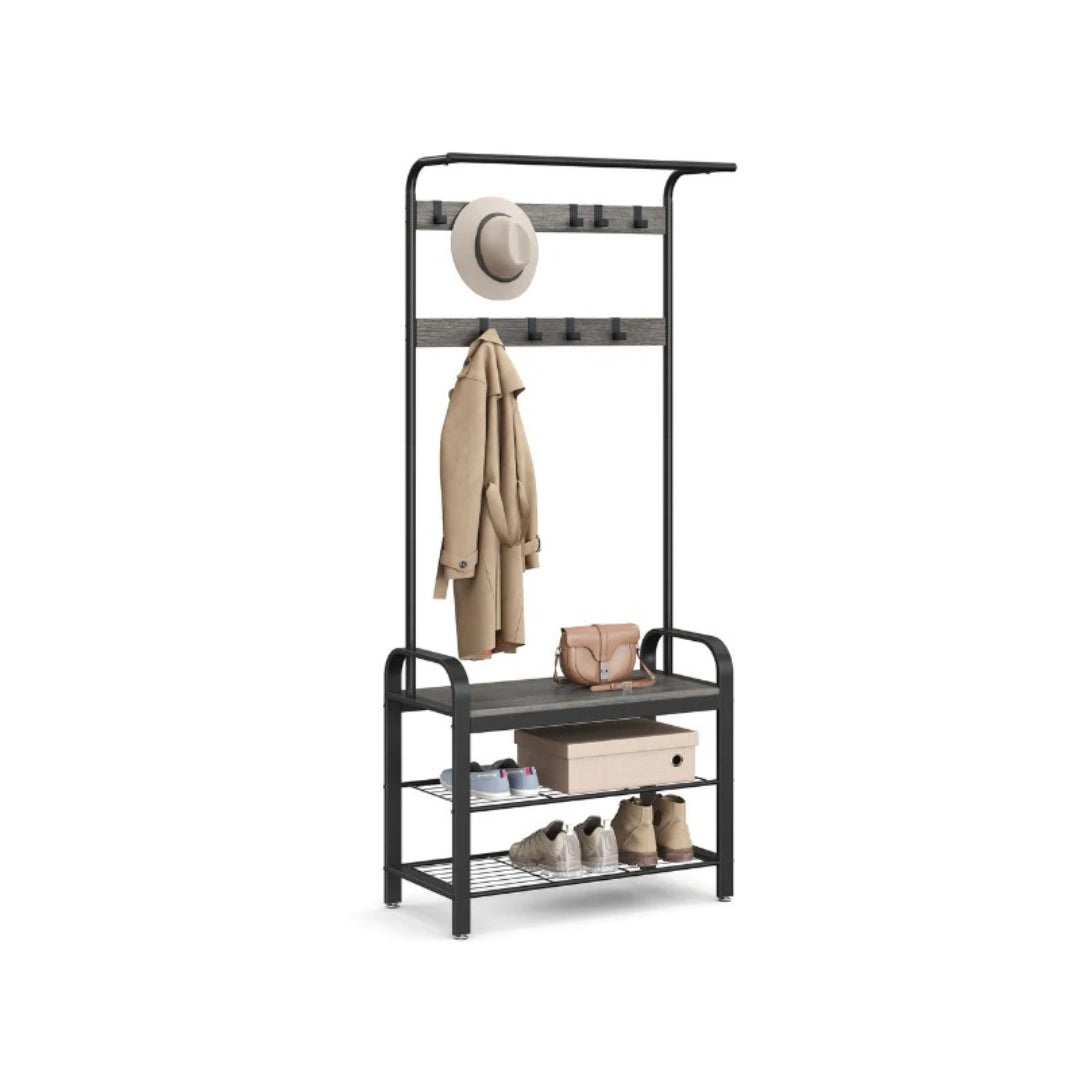Industrial Coat Rack With Bench, Shoe Rack & 9 Hooks Hall Tree