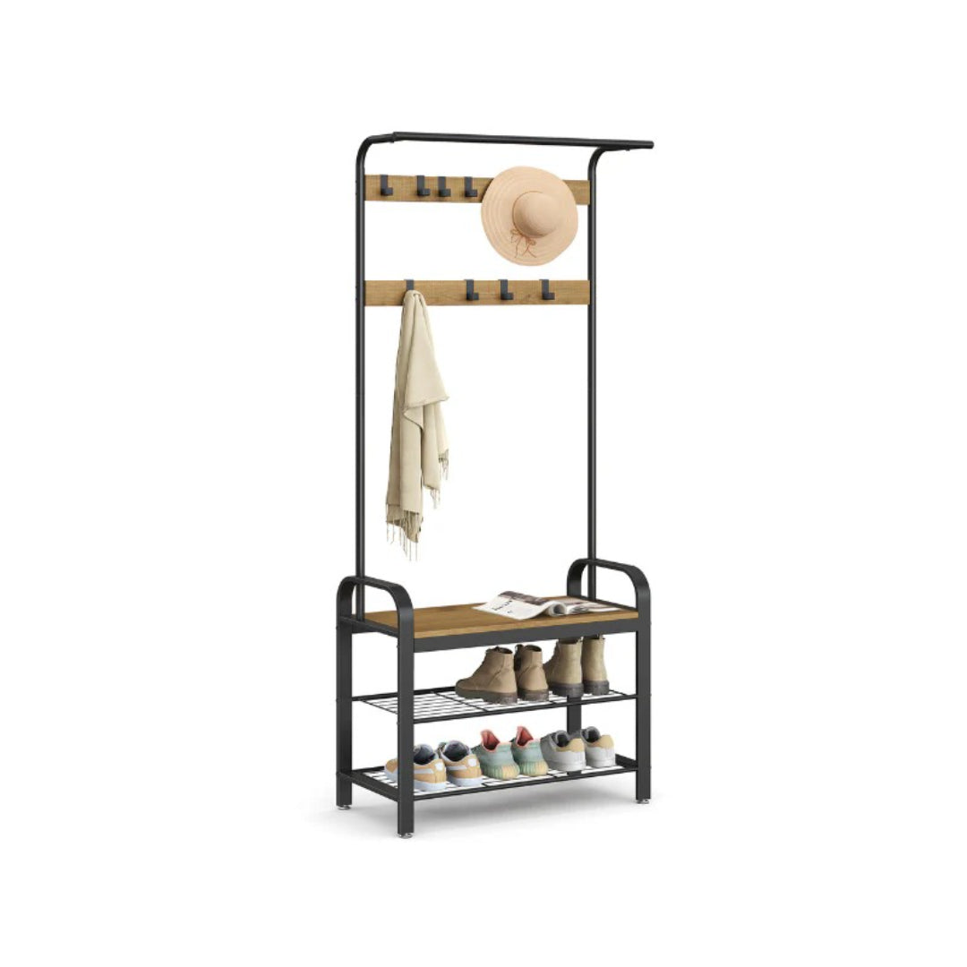 Industrial Coat Rack With Bench, Shoe Rack & 9 Hooks Hall Tree