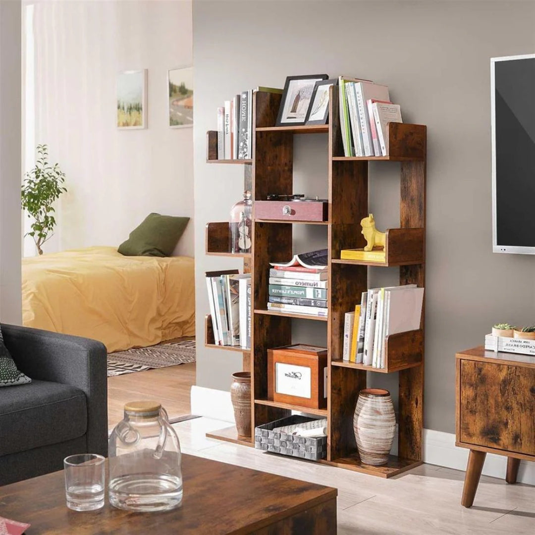 Tree Shaped Bookcase With 13 Storage Compartments, Space Saving Shelf