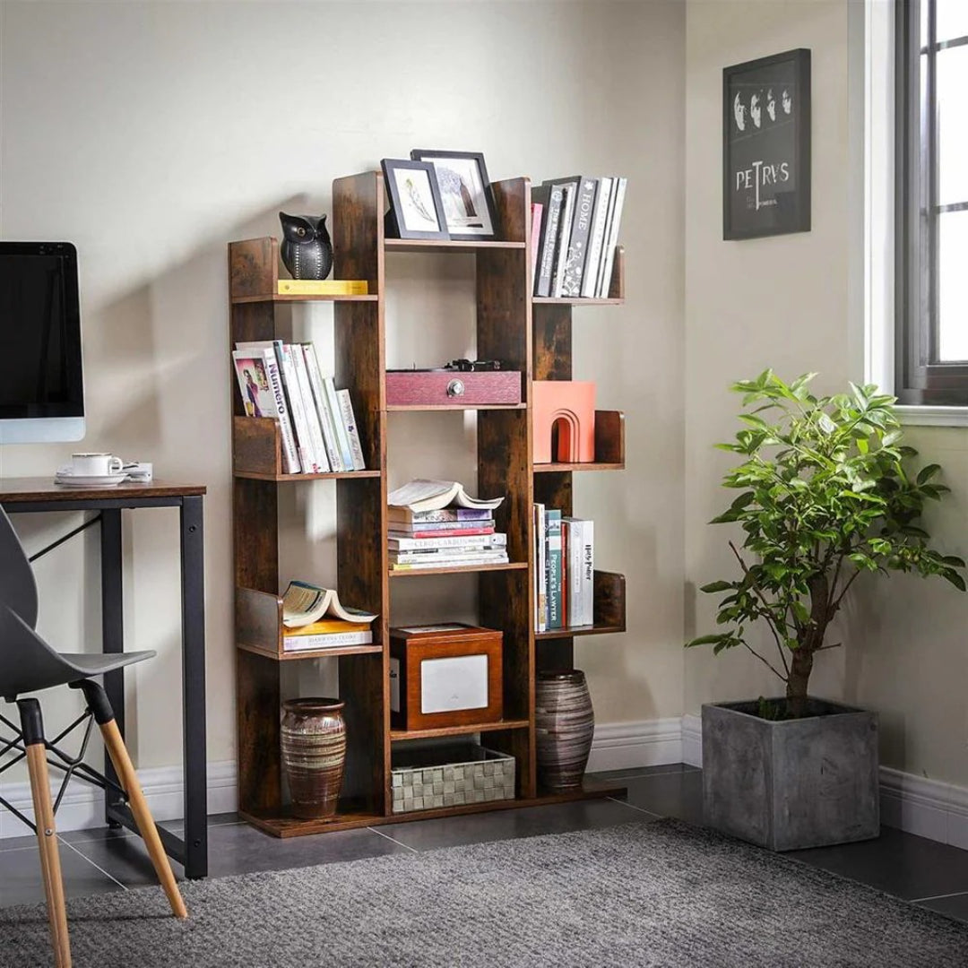 Tree Shaped Bookcase With 13 Storage Compartments, Space Saving Shelf