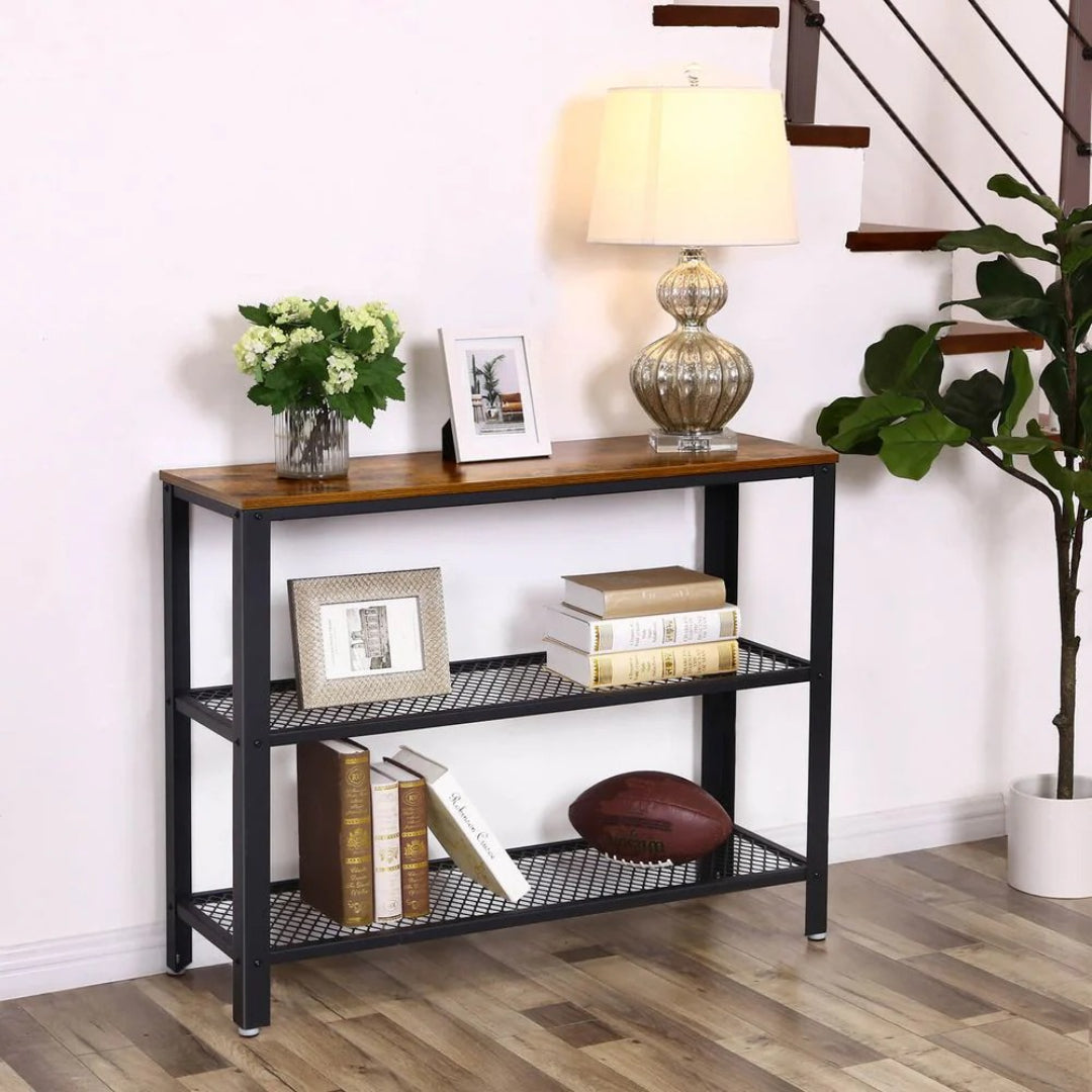 3-Tier Entryway Console Table with Mesh Shelves, Industrial Storage Shelf