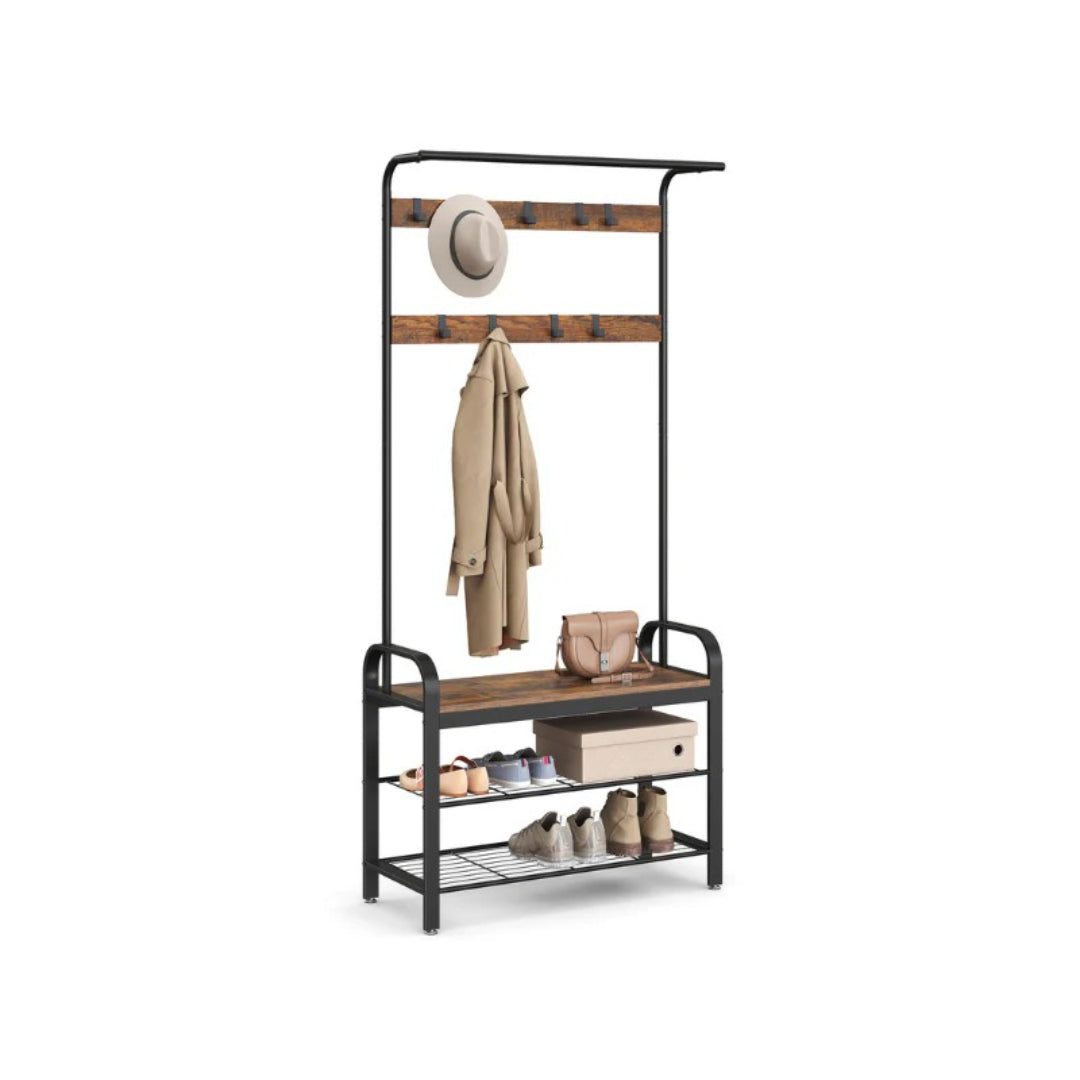 Industrial Coat Rack With Bench, Shoe Rack & 9 Hooks Hall Tree