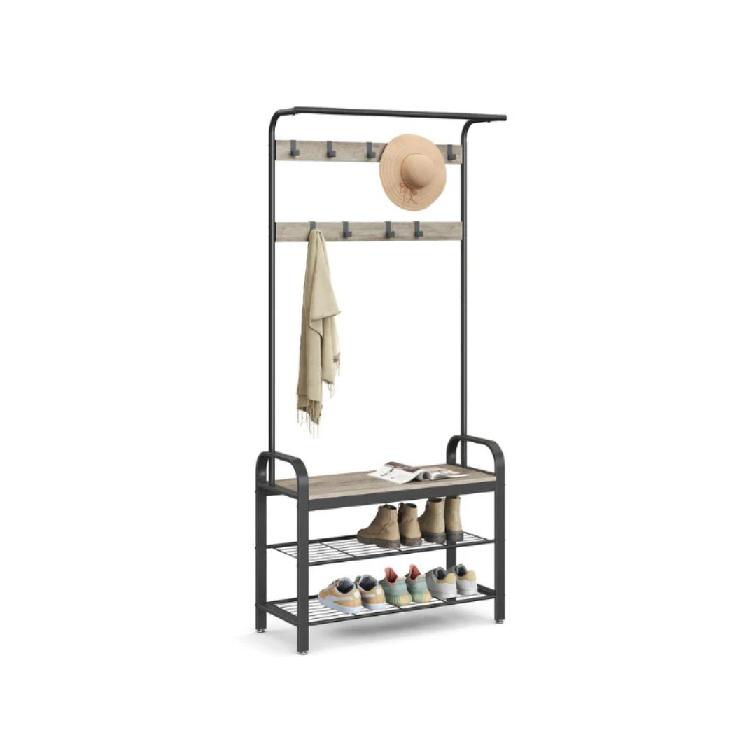 Industrial Coat Rack With Bench, Shoe Rack & 9 Hooks Hall Tree