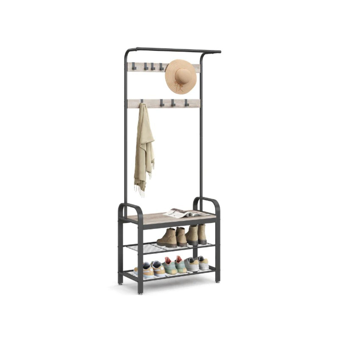 Industrial Coat Rack With Bench, Shoe Rack & 9 Hooks Hall Tree