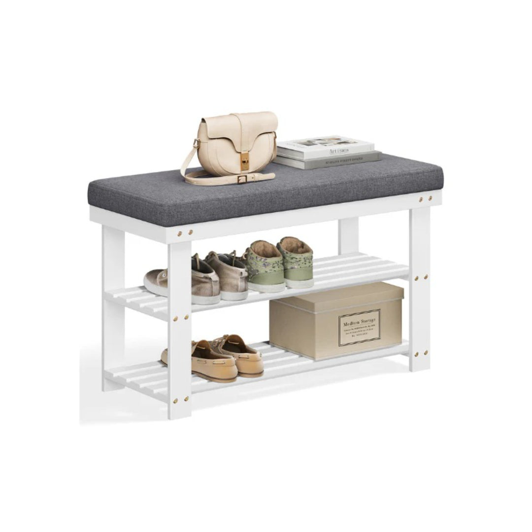 Shoe Organizer Bench With Cushion & 2 Shelves, 28 Inch Unit