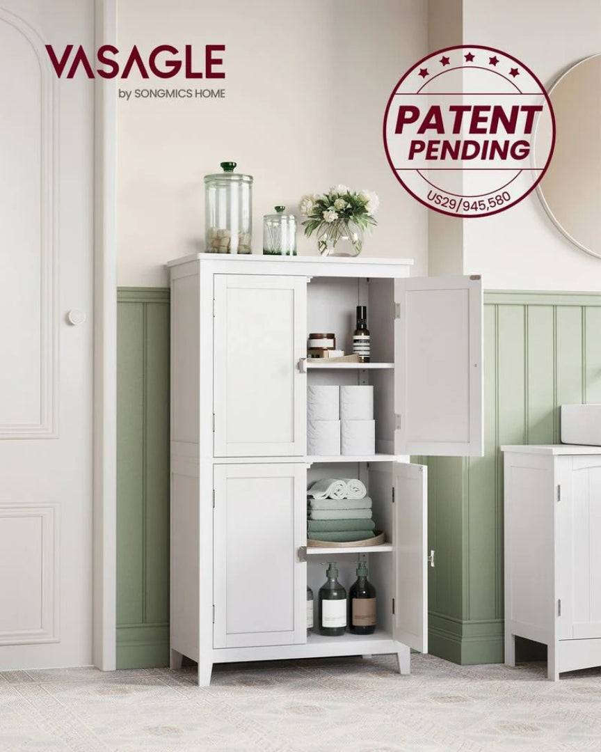 Bathroom Storage Cabinet Floor Cabinet 4 Doors Adjustable Shelves