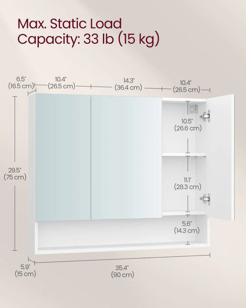 Bathroom Mirror Cabinet With Storage Wall Mounted 35.4in Wide
