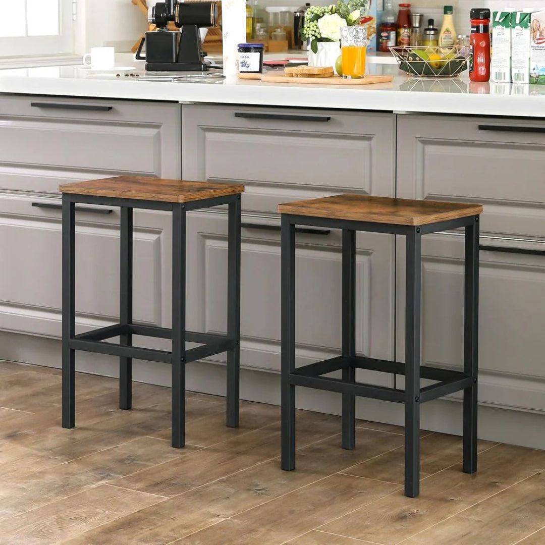 Industrial Bar Stools Set of 2 with Footrests, Rustic Counter Height Stools