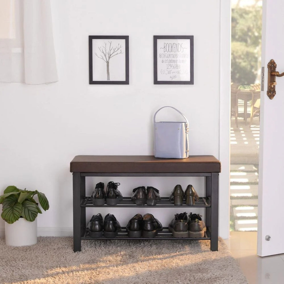 3 Tier Shoe Bench With Cushion & Storage Shelves Entryway Unit