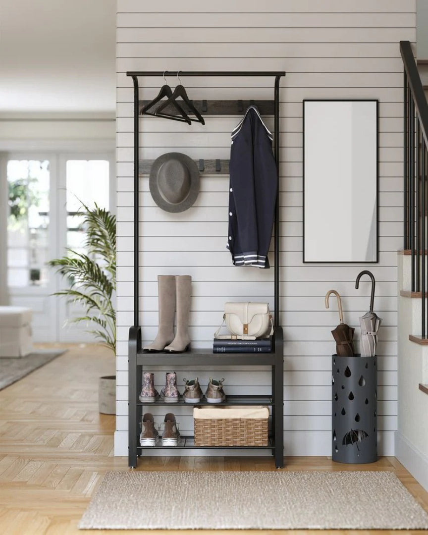 Industrial Coat Rack With Bench, Shoe Rack & 9 Hooks Hall Tree