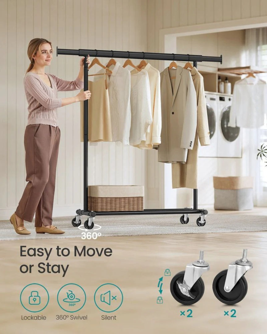 Clothes Rack With Extendable Rail Rolling Garment Rack 36.2-52in
