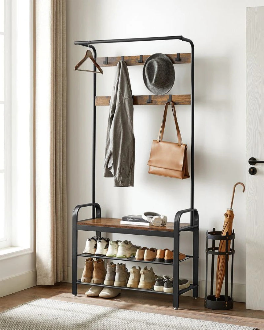 Industrial Coat Rack With Bench, Shoe Rack & 9 Hooks Hall Tree
