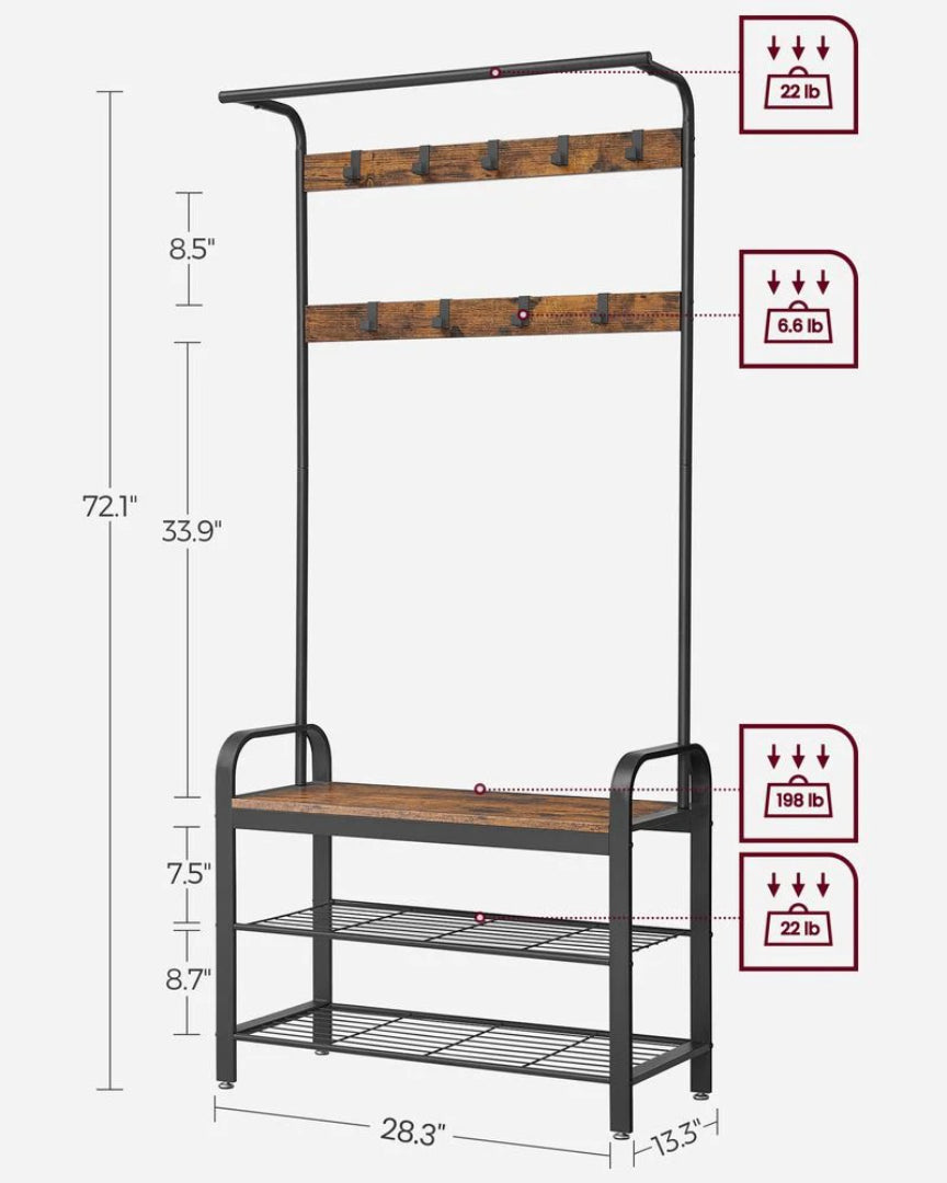 Industrial Coat Rack With Bench, Shoe Rack & 9 Hooks Hall Tree