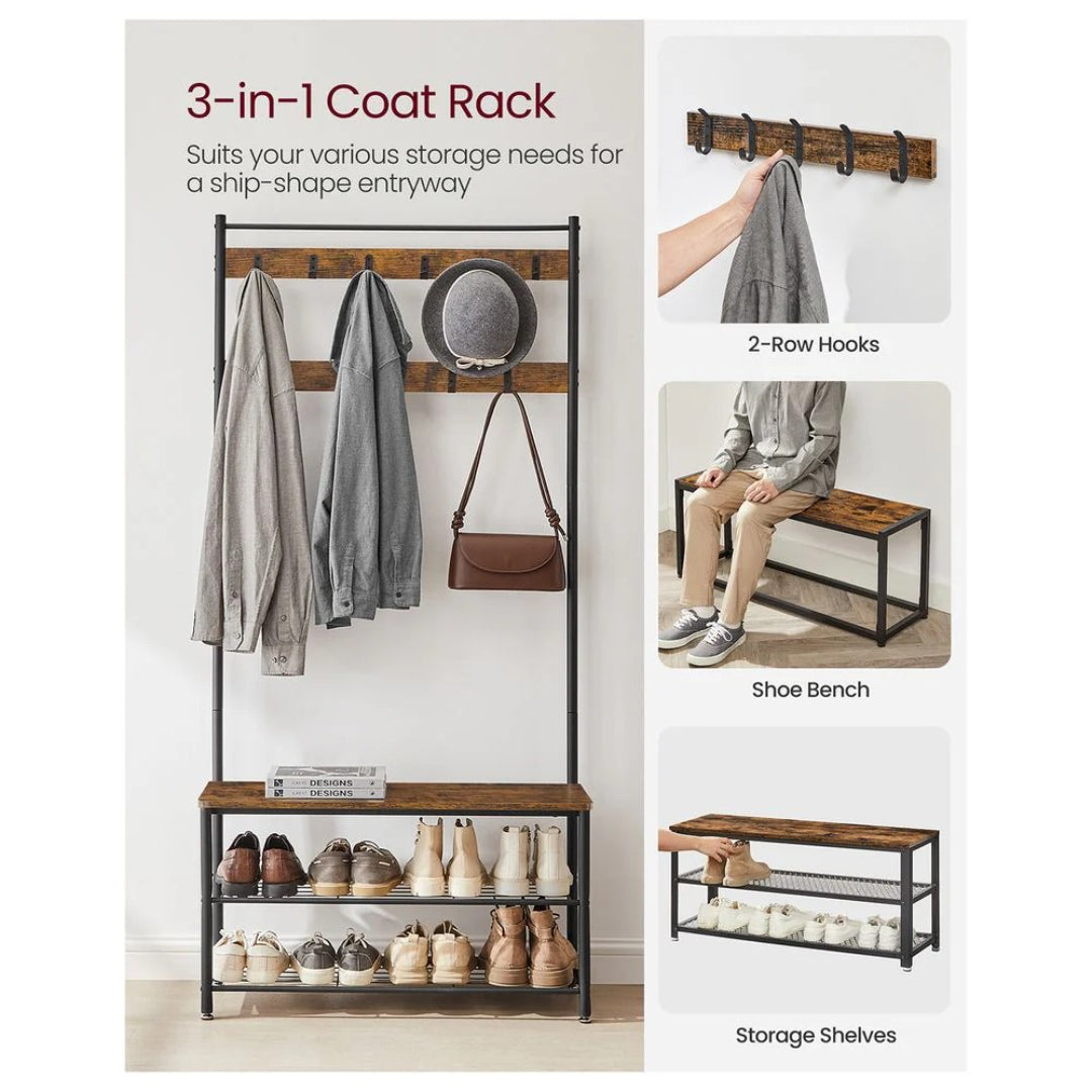 Hall Tree With Shoe Storage Bench & 9 Hooks Entryway Coat Rack