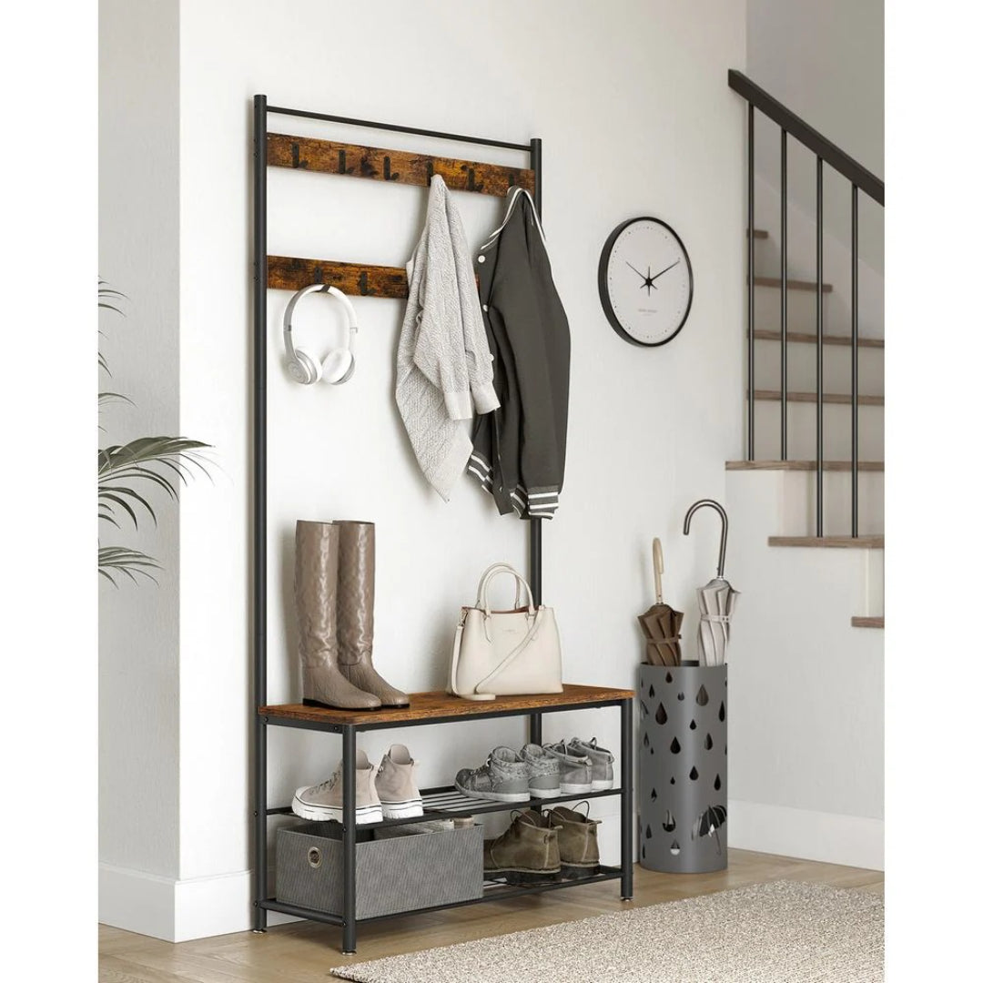 Hall Tree With Shoe Storage Bench & 9 Hooks Entryway Coat Rack