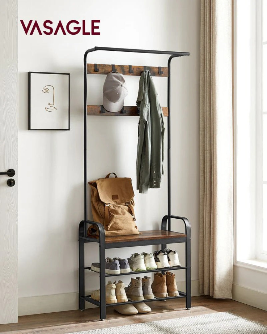 Industrial Coat Rack With Bench, Shoe Rack & 9 Hooks Hall Tree