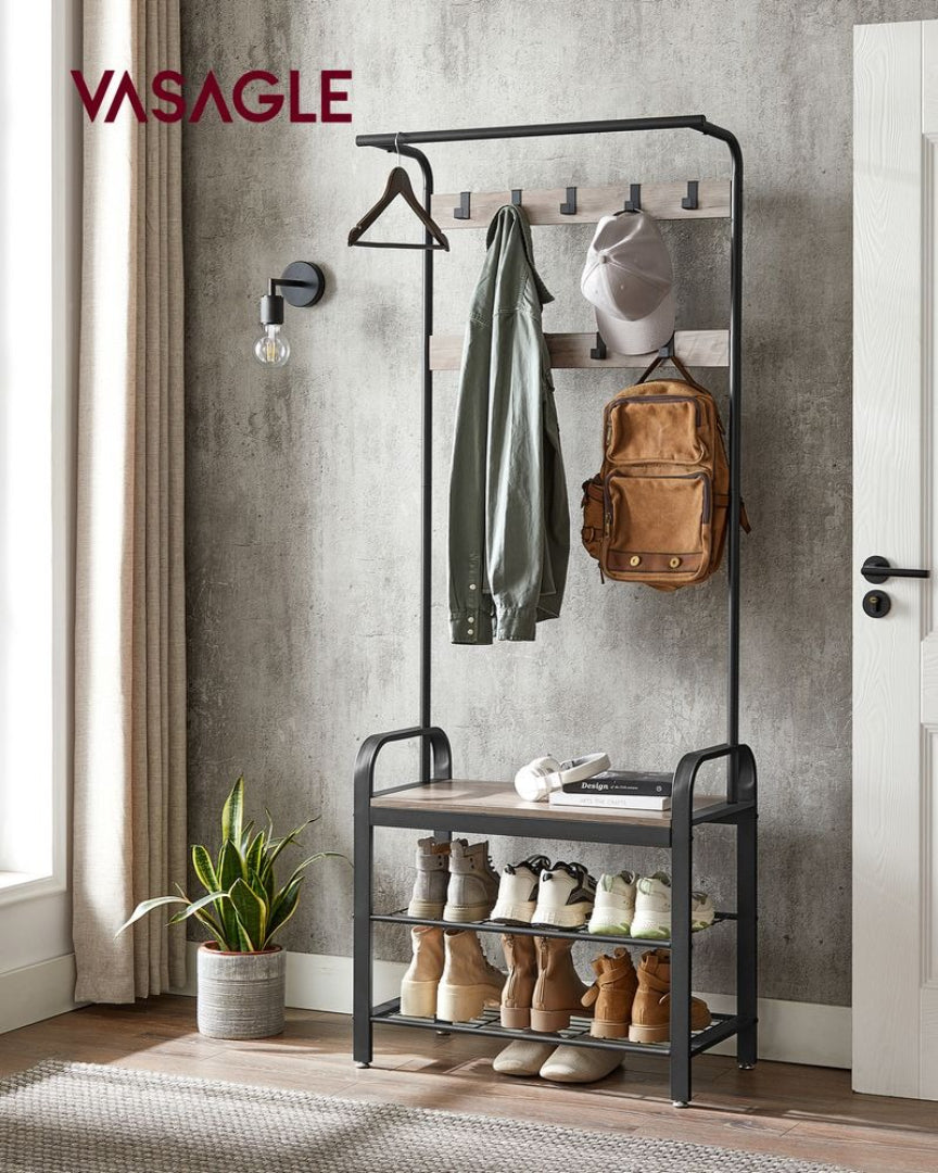 Industrial Coat Rack With Bench, Shoe Rack & 9 Hooks Hall Tree