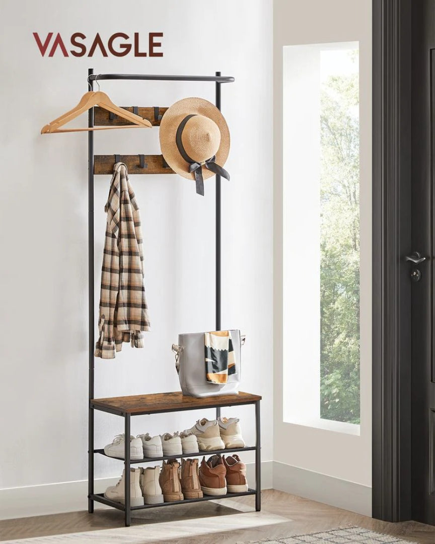 Hall Tree With Bench, Shoe Storage & 9 Hooks Entryway Coat Rack