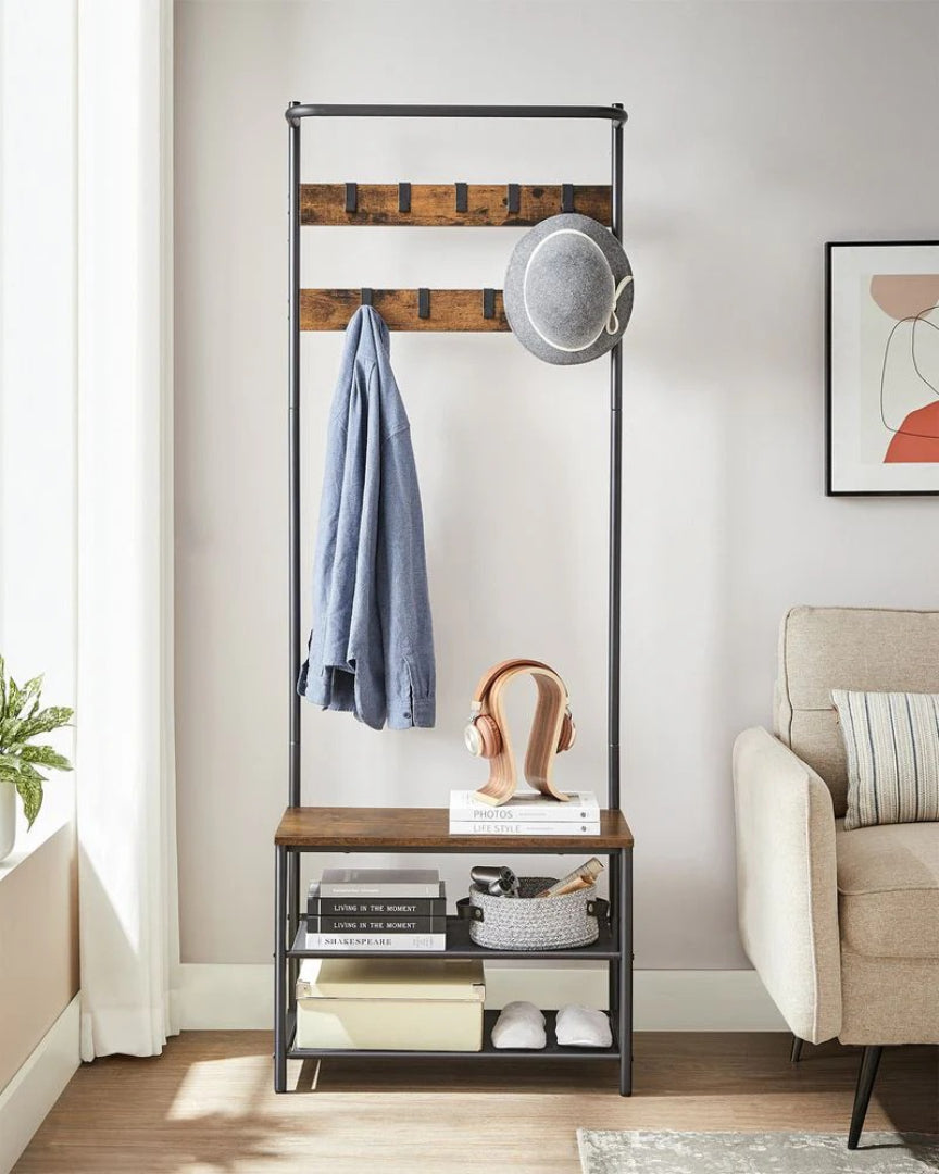 Hall Tree With Bench, Shoe Storage & 9 Hooks Entryway Coat Rack