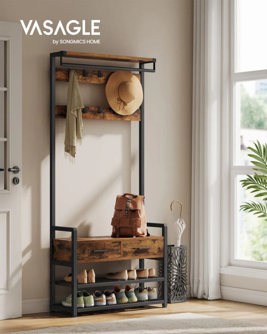 Hall Tree With Bench, Drawers, Hooks & Shoe Storage Entryway Unit