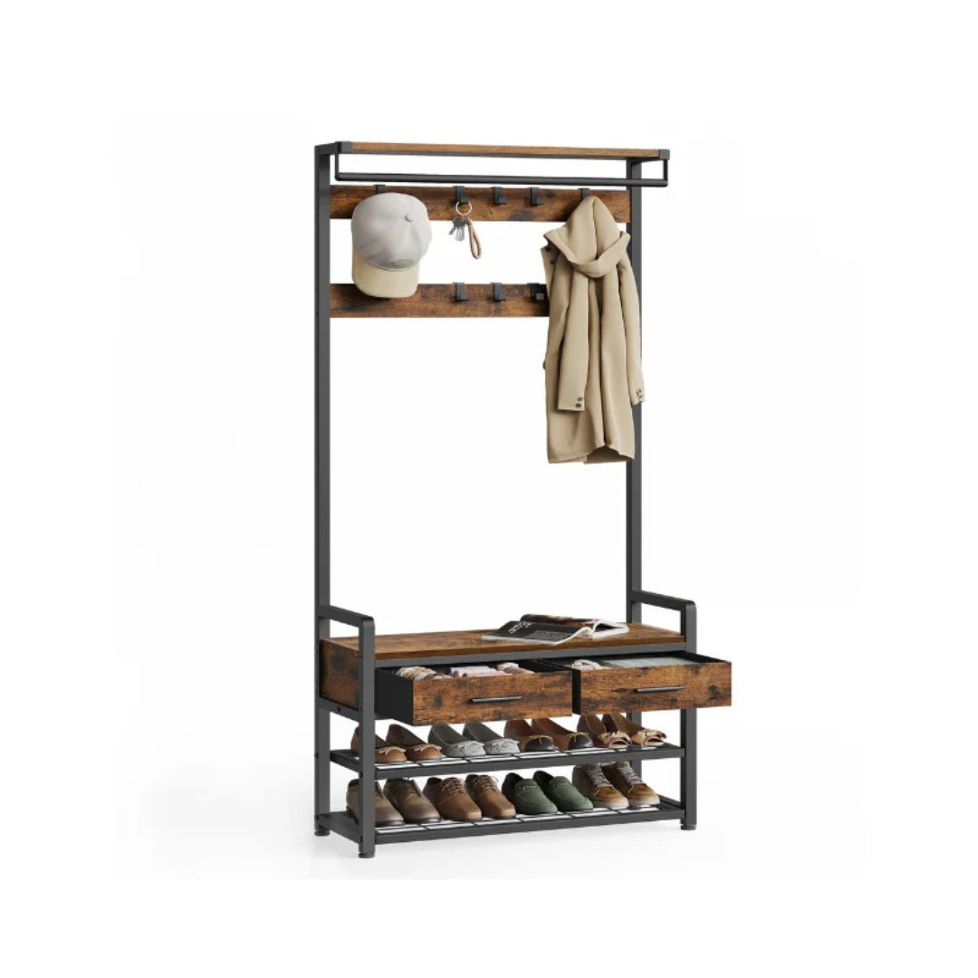 Hall Tree With Bench, Drawers, Hooks & Shoe Storage Entryway Unit