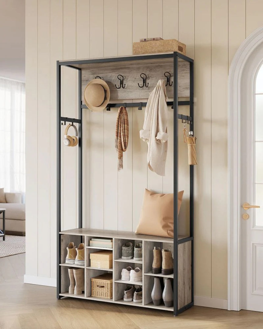 Hall Tree With Bench, Shoe Storage & 14 Hooks Entryway Rack