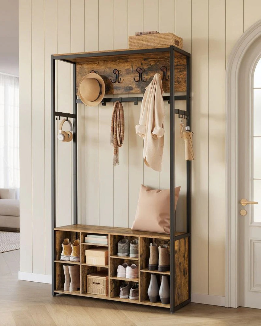 Hall Tree With Bench, Shoe Storage & 14 Hooks Entryway Rack