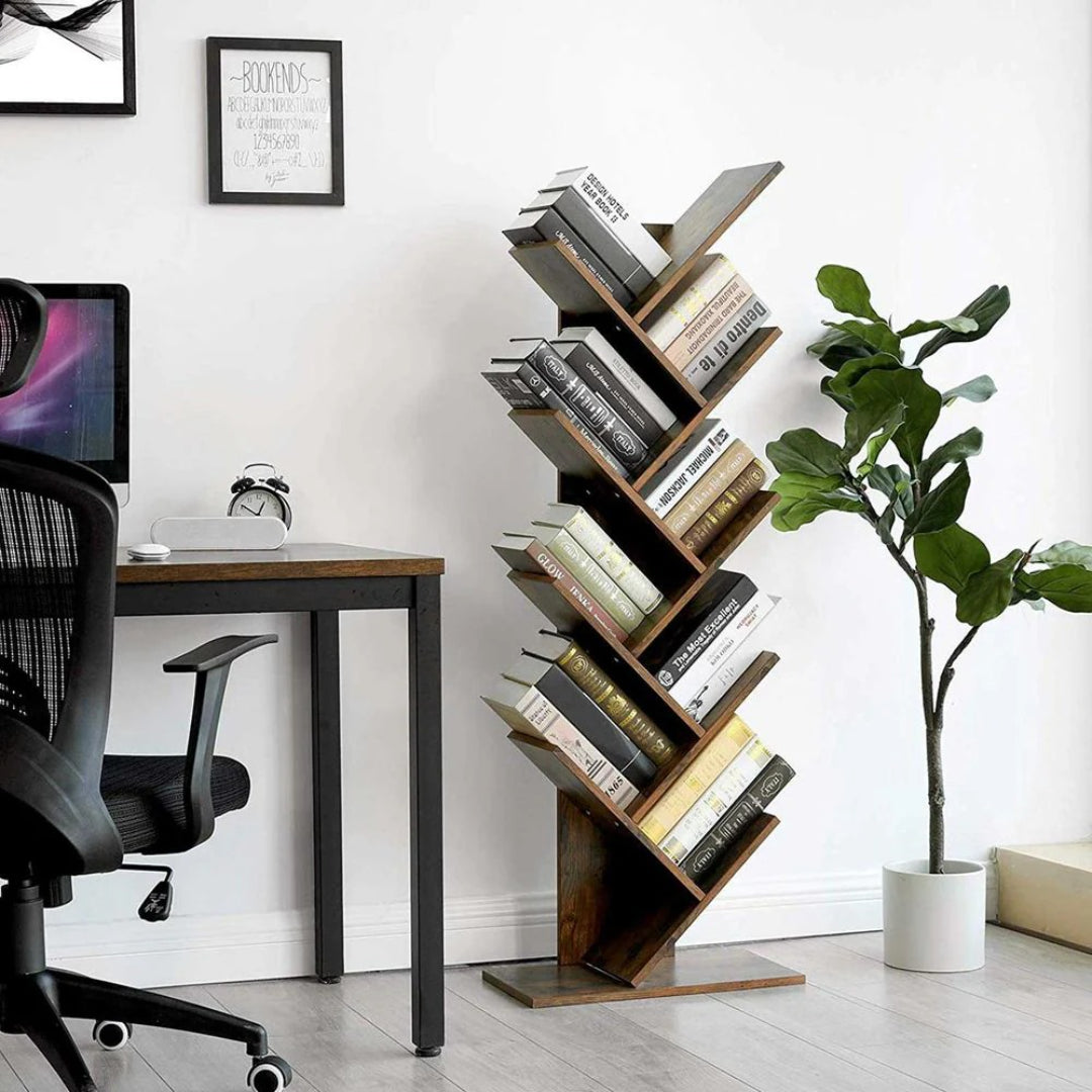 9 Tier Tree Bookshelf Space Saving Bookcase Storage Shelf