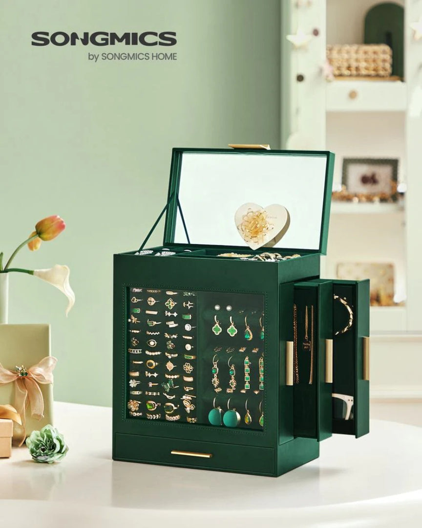 Jewelry Organizer Box With Mirror 5 Layer And Side Drawers